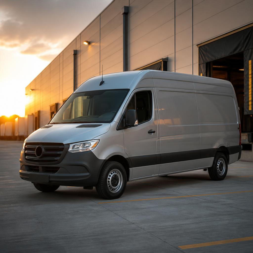 Silberner Mercedes-Benz Sprinter Kastenwagen der Kahloon Transport Service Flotte am Logistikstandort bei Sonnenuntergang