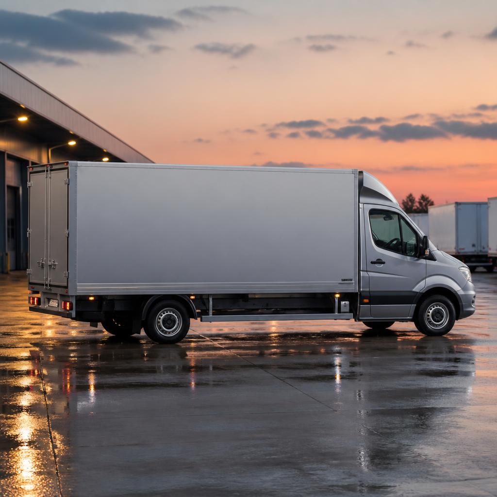 Silberner 3,5-Tonnen Koffer-Transporter für europaweite Sondertransporte von Kahloon Transport Service